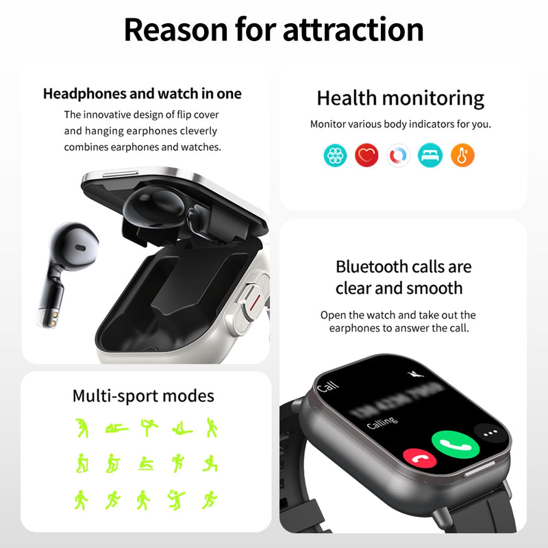 Mingtawn Smart Watch with Earbuds, 2 in 1 Bluetooth Smartwatch for Men Women, 2.01" HD, Answer/Make Call, Sleep Monitor Fitness Tracker, 100+ Sports Modes, Compatible with Android iOS Blacka1