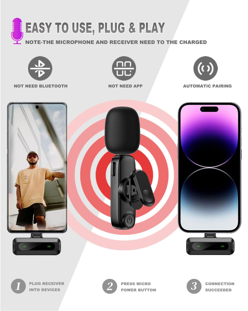 Wireless Lavalier Microphone for iPhone 5-14 / iPad - Professional Noise Reduction Wireless Microphone, Lightning Lapel Mini Microphones for Tiktok, YouTube, Vlog, Recording, Live Streaming