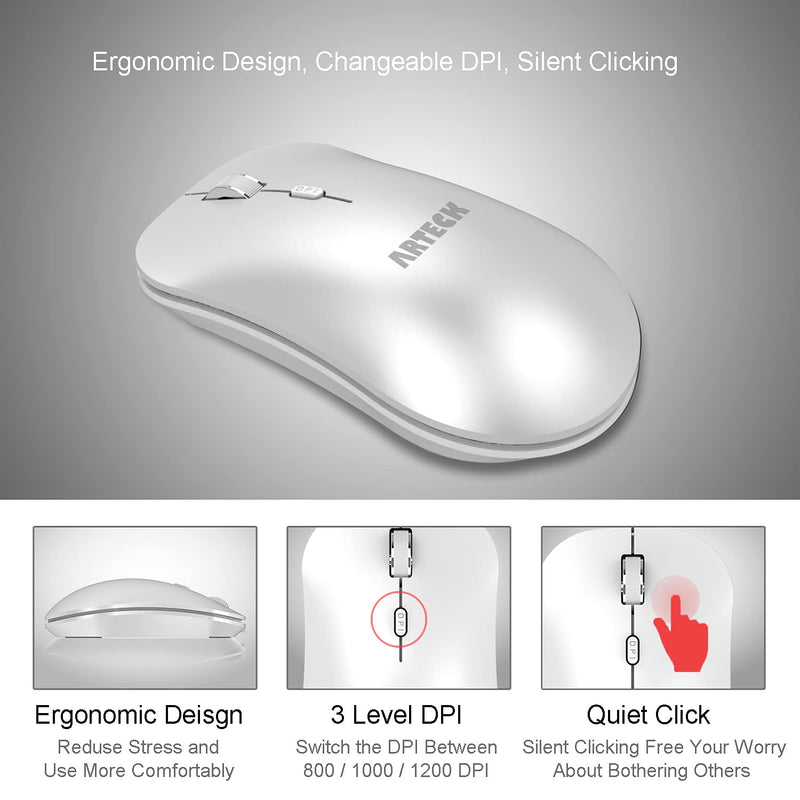 Arteck 2.4G Wireless Mouse with Nano USB Receiver Ergonomic Design Silent Clicking for Computer / Desktop / PC / Laptop and Windows 10/8/7 Build in Rechargeable Battery - White
