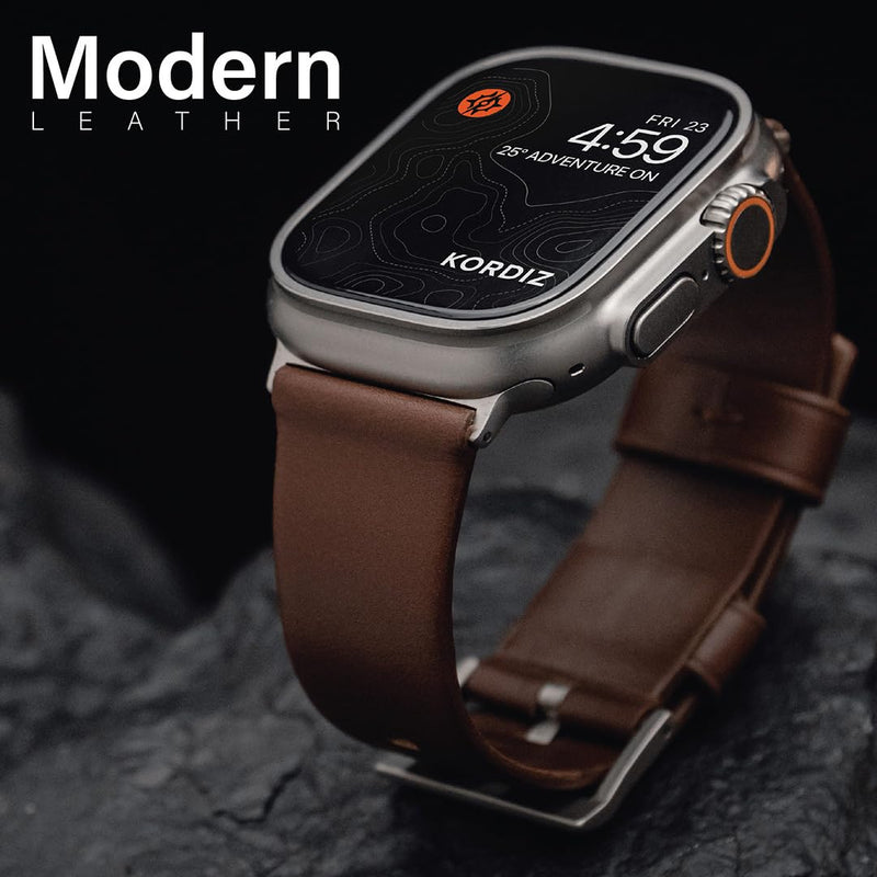 KORDIZ Modern Leather Band - Geniune Full-Grain Leather band compatible with Apple Watch band ULTRA 3 & ULTRA 2/1 [49mm] - Stylish and Durable Minimalist for Your Wrist - Rugged Patina Ultra Black (49mm) | Dark Brown