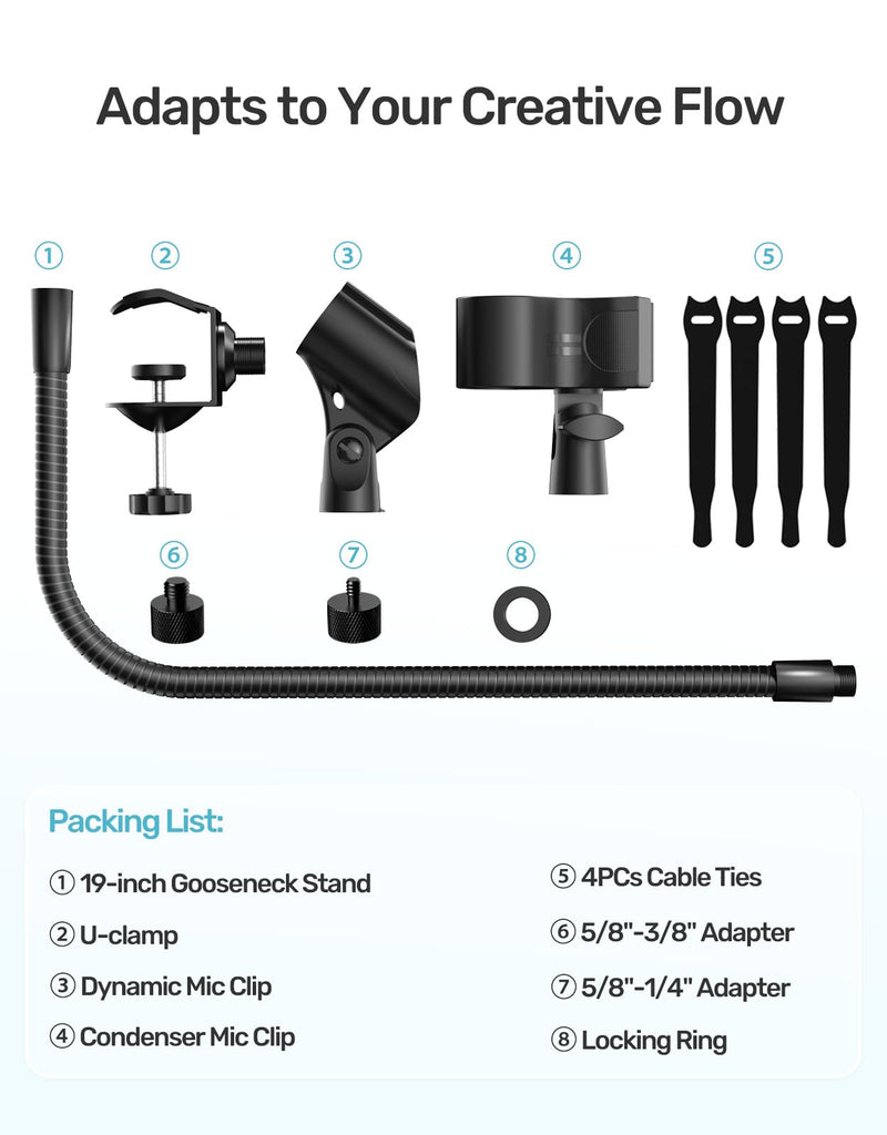 19-inch Gooseneck Microphone Holder Stand, Flexible Mic Arm with Super Crab Clamp for Mic Stand/Desk/Rod/Pole/Stick/Shelf/Tube Clamping, Ideal for Music Stand, Piano, Drum Recording