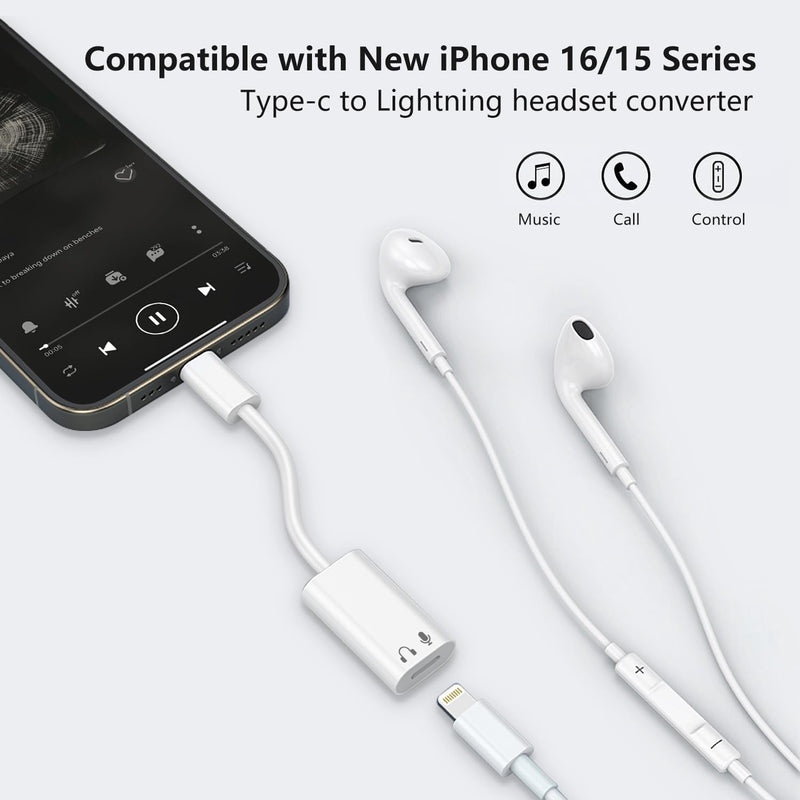 USB C to Lightning Audio Adapter, USB Type C Male to Lightning Female Earphone Converter Compatible with iPhone 16/16Pro/15/15Pro, iPad Pro, iPad Air 6/5/4, MacBook and More (Audio Only, No Charge) White