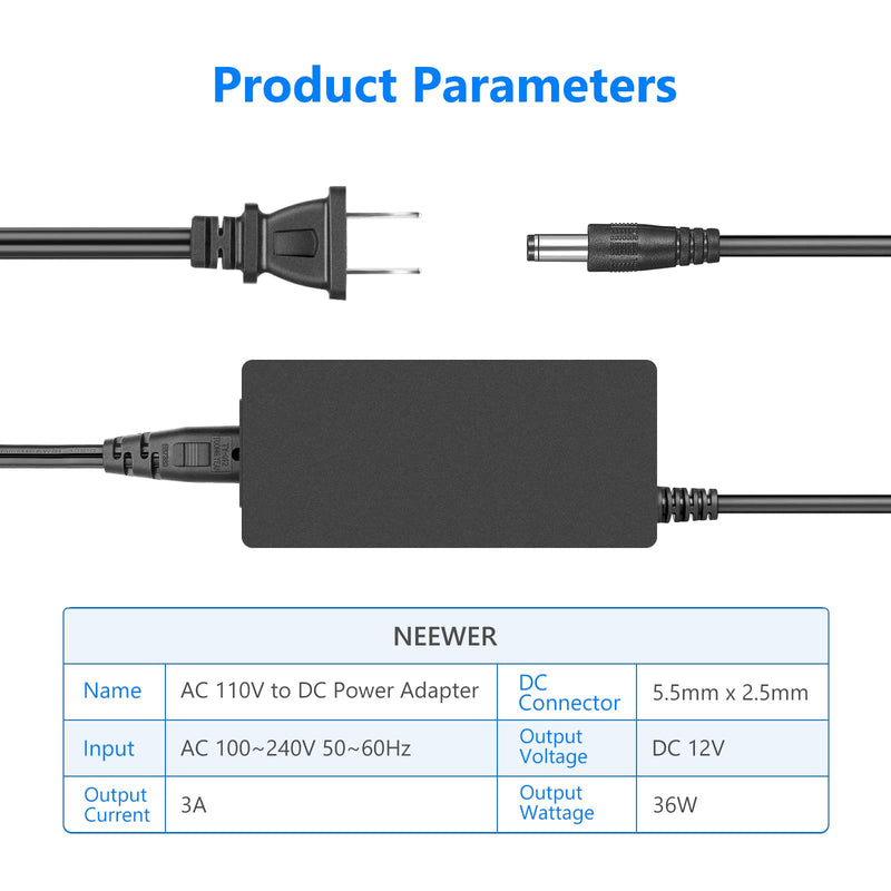 Neewer AC 100-240V to DC 12V 5A 60W Power Supply Adapter with 6.5 feet/2 Meters Power Cable Compatible with 660 960 LED Video Light and Max. 12V 5A 60W Ring Light (US Plug)