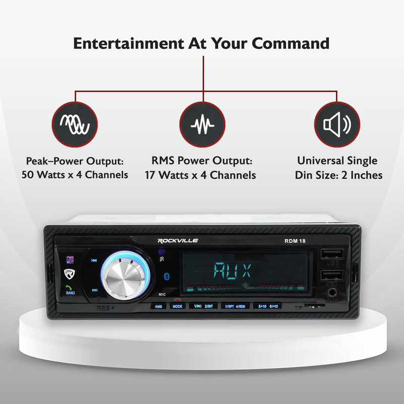Rockville RDM18 V2 In-Dash Digital Media Car Receiver, 50W, 4 Channels, Bluetooth, AM/FM, MP3, USB/SD, Color Selectable, Remote, Perfect for Car Audio | Dual USB with Charging, 32GB SD, 50W x 4 Peak / 17W x 4 RMS, Front Aux, Single DIN, Remote, Color L...