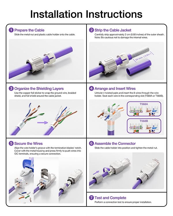 VCELINK RJ45 Toolless Cat7 Connector, Zinc Alloy Shielded, 10Gbps, 12-Pack | Supports 22-24 AWG Network Cable, Toolless Field Termination for Easy Installation, CAT7, 12-Pack Included 12 Pack