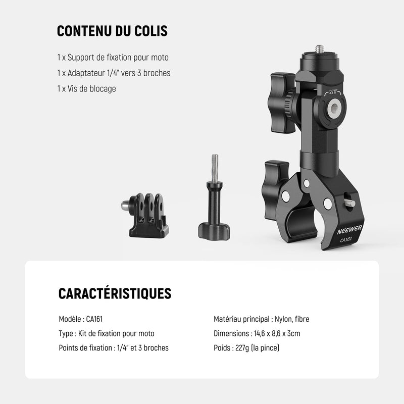 NEEWER Motorcycle Bike Handlebar Clamp Mount, Heavy Duty Clip Holder, 1/4" Screw & 3 Prong Adapter Compatible with Insta360 X5 X4 GoPro Hero 13 12 POV Video Recording, 360° Rotation & 270° Tilt, CA161
