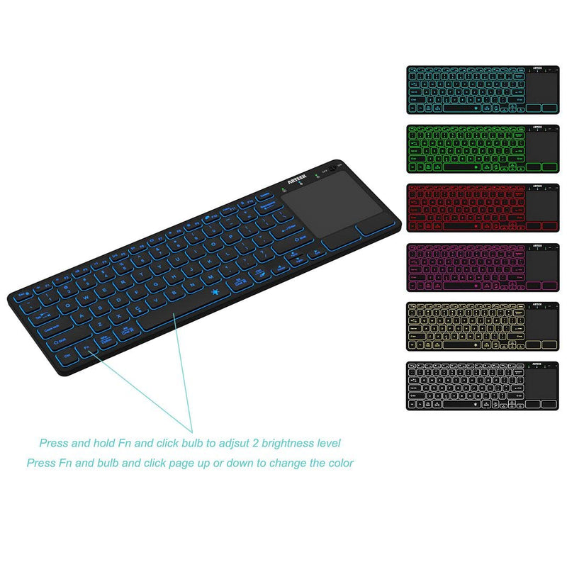 Arteck Universal Backlit 7-Colors Bluetooth Touch TV Keyboard with Easy Media Control and Build-in Touchpad for TV-Connected Computer, Smart TV, Desktop, Laptop, iPad, Surface, Tablet, HTPC