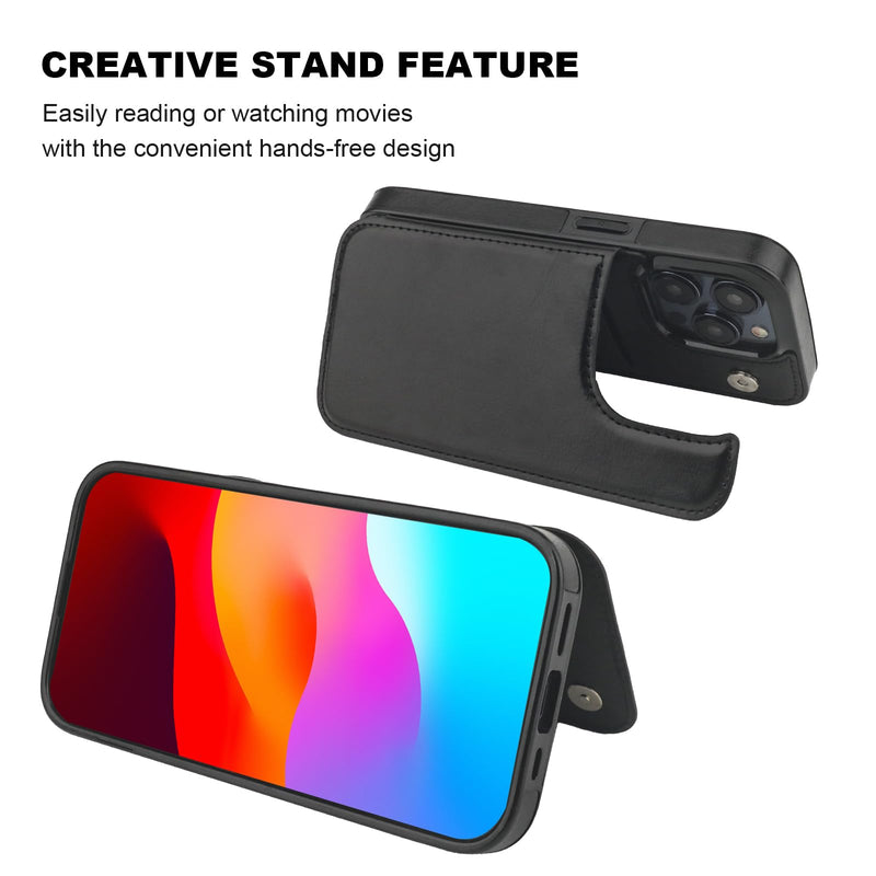 Compatible with iPhone 15 Pro Wallet Case with Card Holder, PU Leather Kickstand Card Slots Case, Double Magnetic Clasp and Durable Shockproof Cover 6.1 Inch (Black) Black