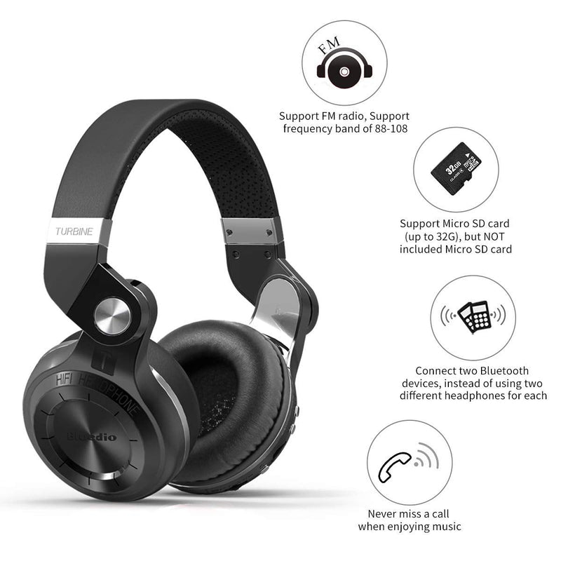Bluedio Bluetooth Headphones Over Ear, Lightweight Rotary Folding Wireless Headphones with Micro 40 H Music Time Headset with SD Card Slot/FM Radio and Storage Bag (Black T2+) Black T2+