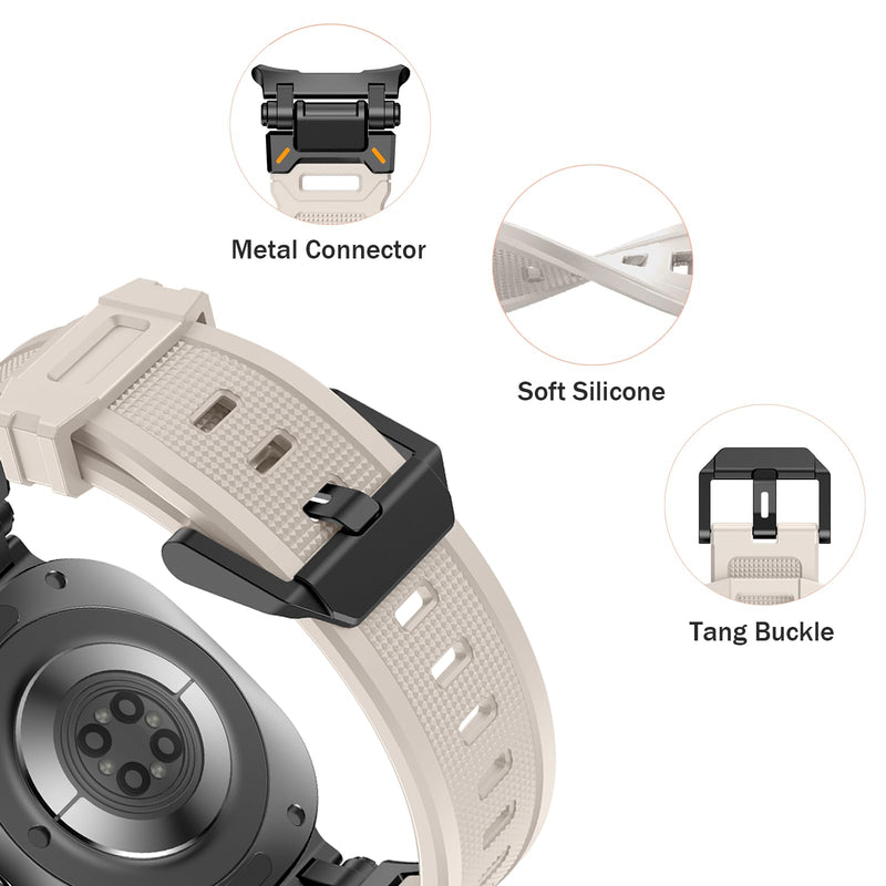 Silicone Bands for Samsung Galaxy Watch Ultra 47mm Band, Rugged Luxury Sport Strap for Men, with Metal Connectors & Foldable Buckle & Pin Buckle (Starlight Black)