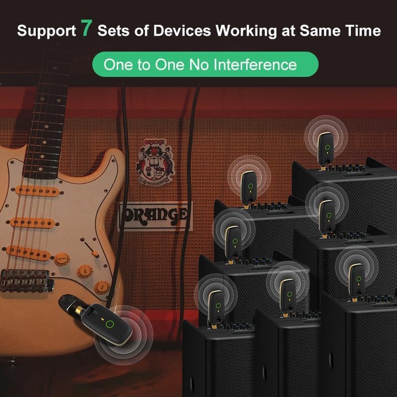 [AUSTRALIA] - Wireless Guitar System with UHF Transmitter and Receiver, 7-Channel Rechargeable Audio, 164 Feet Range, 1/4” and 1/8” 2 in 1 Plug, USB-C Charging, Perfect for Guitar Bass Electric Musical Instruments 
