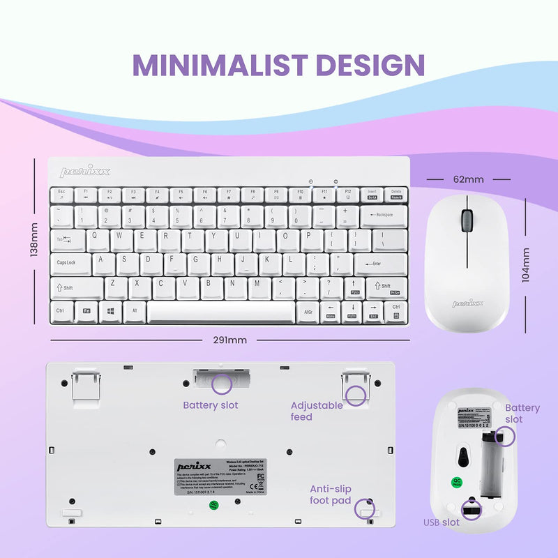 Perixx Periduo-712W Wireless Mini Keyboard and Mouse Set, White, US English Layout,PERIDUO-712
