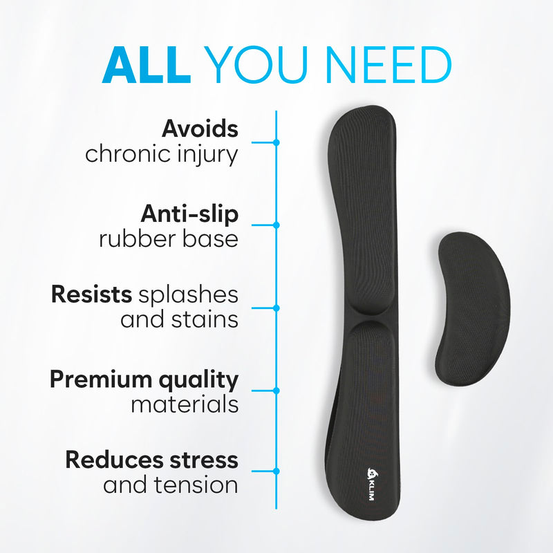 KLIM Mouse & Keyboard Wrist Rest Set - Silky Gel Memory Foam - Ergonomic Wrist Rest for Computer Keyboard, Wrist Pad for Keyboard + Wrist Rest for Mouse - for Gaming and Office - Pain Relief - Black Keyboard & Mouse Wristrest