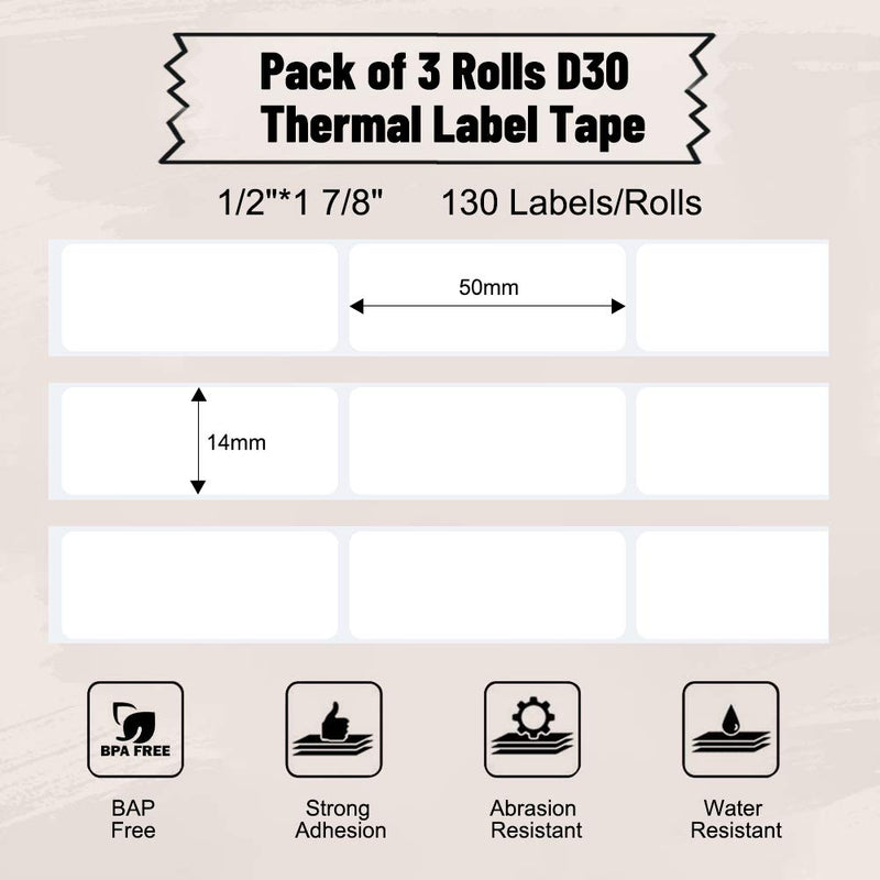 [AUSTRALIA] - Phomemo Printer Paper D30 Sticker Thermal Paper Self-Adhesive Label Tape Black on White Self-Adhesive, 14 x 50 mm (0.55 x 1.97 Inch) 160 Tapes/Roll, 3-Roll 14x50 mm 