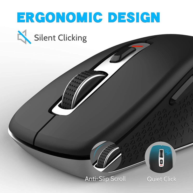 Wireless Mouse 2.4G Noise-Free Cordless Mouse 5 Adjustable DPI (up to 2400) 6 Buttons Portable Computer Silent Mouse with USB Nano Receiver, Suitable for Laptops Computers Macs Laptops (Black) 1 Park Black