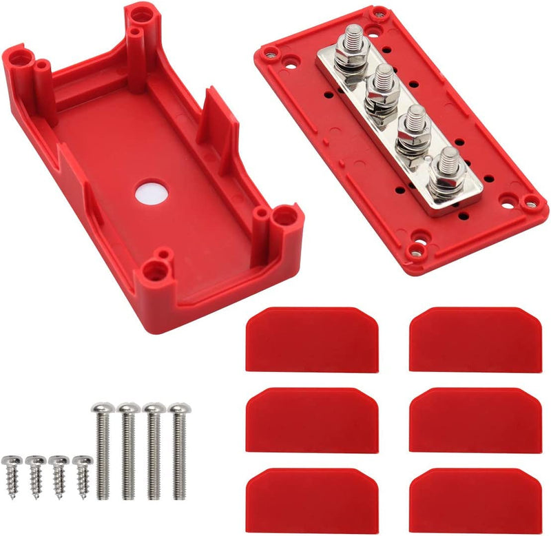 Gloaso 12V-48V DC Busbar Distribution Block 300A Busbar with 4x M8 Bolt Terminal Strips, Heavy Duty Bus Bar, Grounding Current, Busbars, Battery, 300 Amp for Car, Motorhome, Truck, Solar Boat, Marine 300 A, 4 x M8, red