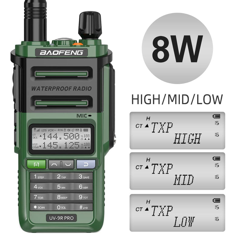 BAOFENG UV-9R Pro 8W Ham Radio Long Range Handheld Dual Band Tri- Power Two-Way Radio Waterproof Transceiver Walkie Talkies Rechargeable with Type-C Charger Cable Green
