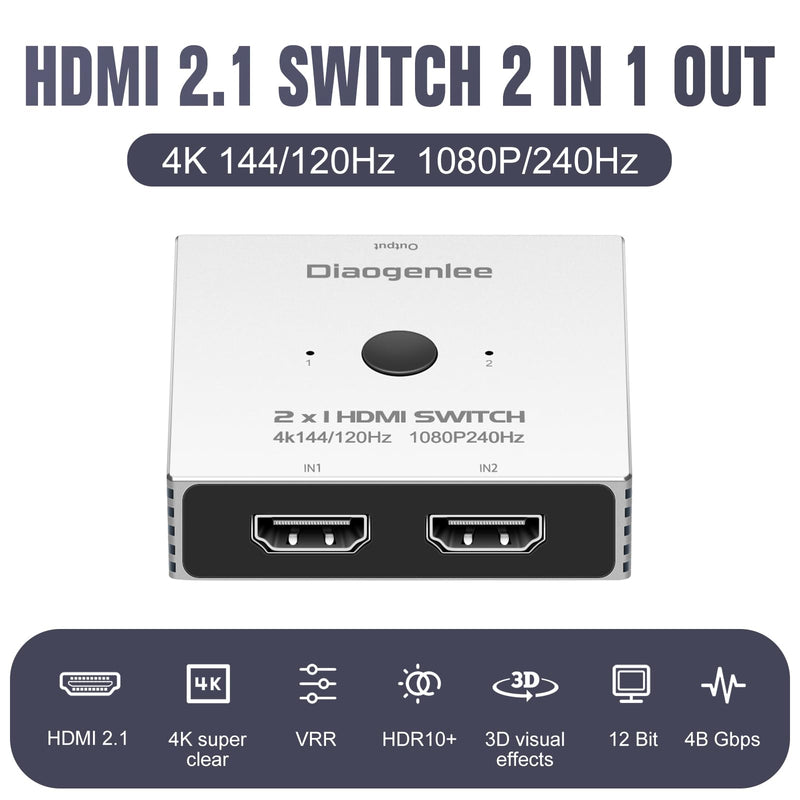 HDMI Switch 4K@120hz，2 in 1 Out switcher Splitter 4Kx2K@120hz，4K@144hz,1080p@240hz,HDMI 2.0b 2x1,Aluminum Shell, Compatible with PS4 PS5, Xbox, Fire Stick, Apple TV, Roku, PC, TV