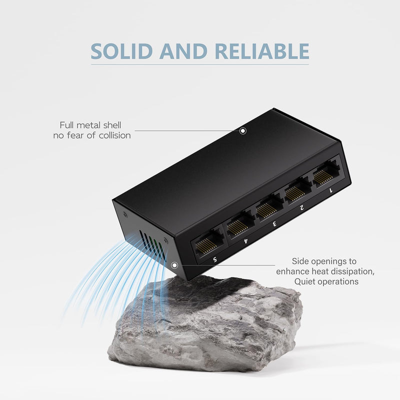 5-Port Gigabit Ethernet Switch, Unmanaged Home Network Switch Hub, Ethernet Splitter | Auto-Sensing Ports | Plug-and-Play | Silent Operation | Black Metal Case | Limited Lifetime Protection BLY-5GE