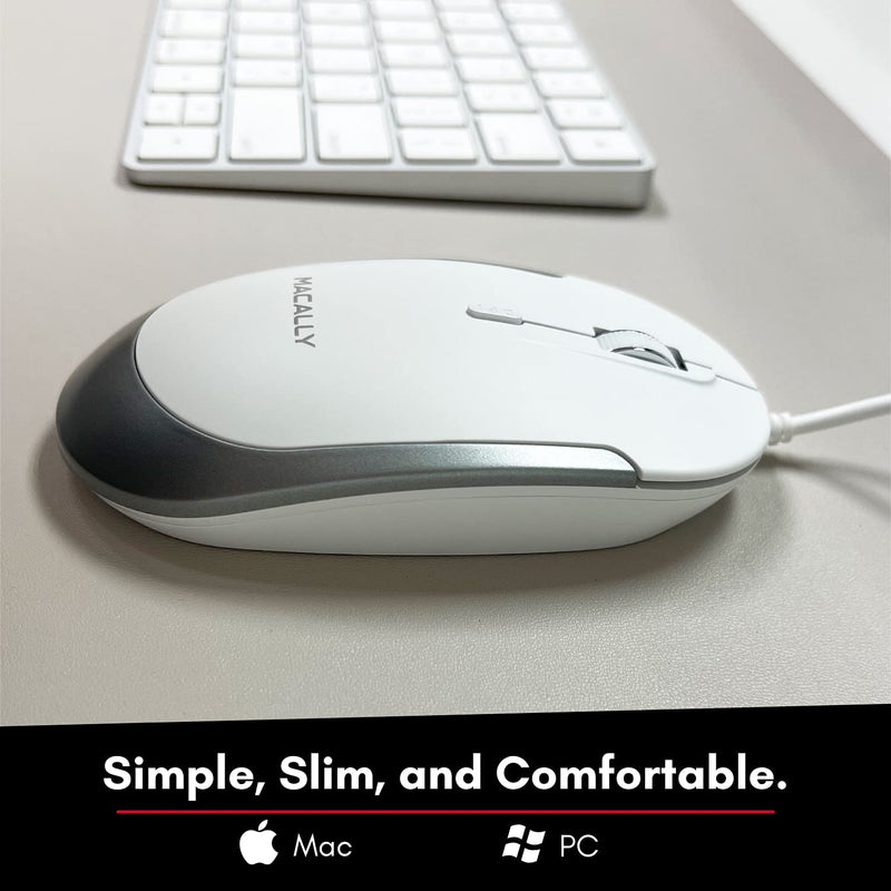 Macally Silent Wired Mouse - Slim & Compact USB Mouse for Laptop/Desktop Windows PC or Apple Mac - Designed with Optical Sensor & DPI Switch - Simple & Comfortable Wired Computer Mouse (White) White with Silver Trim