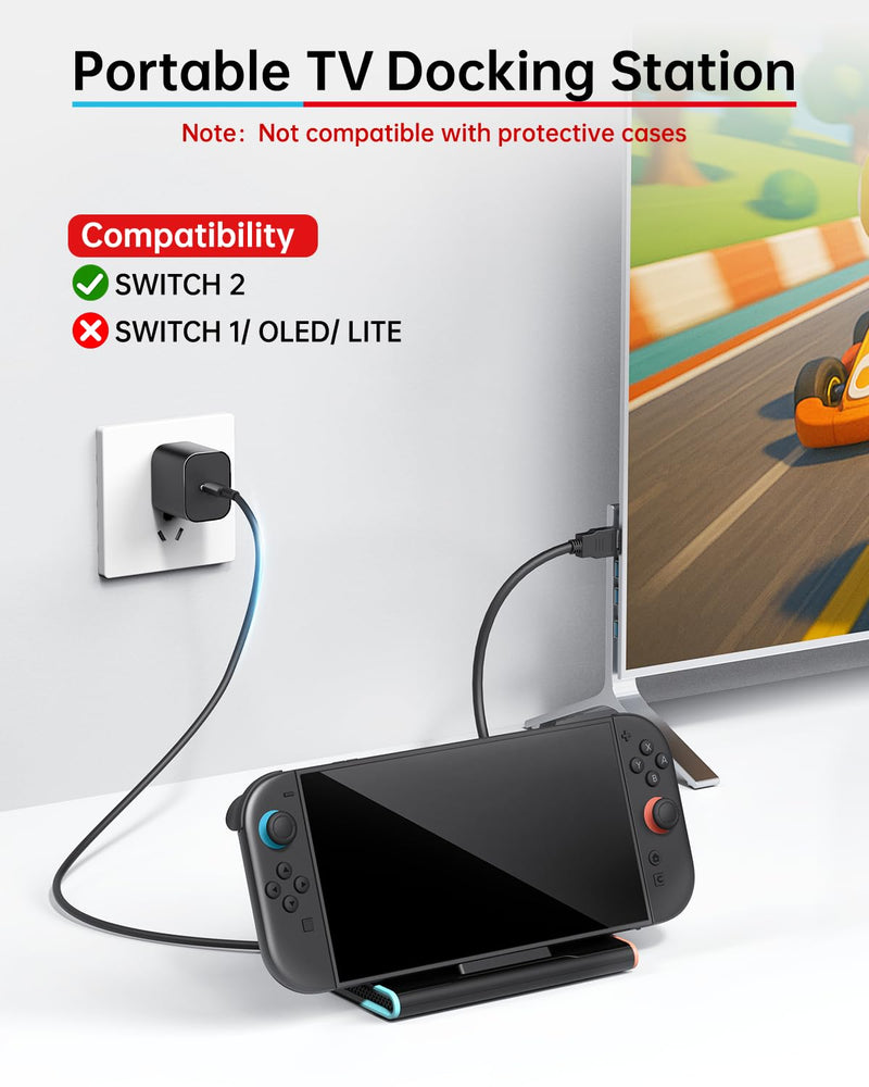 Switch 2 Dock, 4K@60Hz TV Docking Station with 60W Fast Charger & HDMI Cable, Gigabit Ethernet Port (1000Mbps), Portable Replacement Base for Switch 2 ONLY, Accessories Bundle for Nintendo Switch 2
