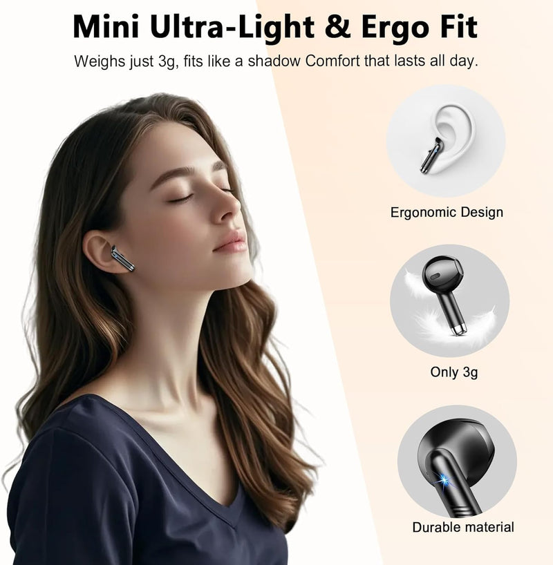 Wireless Earbuds, Bluetooth Headphones V5.4 Stereo Bass Ear Buds with ENC Noise Cancelling Mics,56H Bluetooth Earbuds with LED Display Charging Case, IP7 Waterproof Earphones for Android iOS【Mini】 A-Black