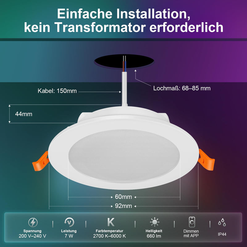 [AUSTRALIA] - VARICART LED Recessed Spotlight 230 V RGB Alexa, Smart LED Spot Flat Bluetooth 7 W 2700 K-6000 K, Recessed Spotlights, Dimmable, Colourful, Set of 6, IP44 68 mm Recessed Lights, App Control, Colours 7W Ø68-85mm Lochmass 