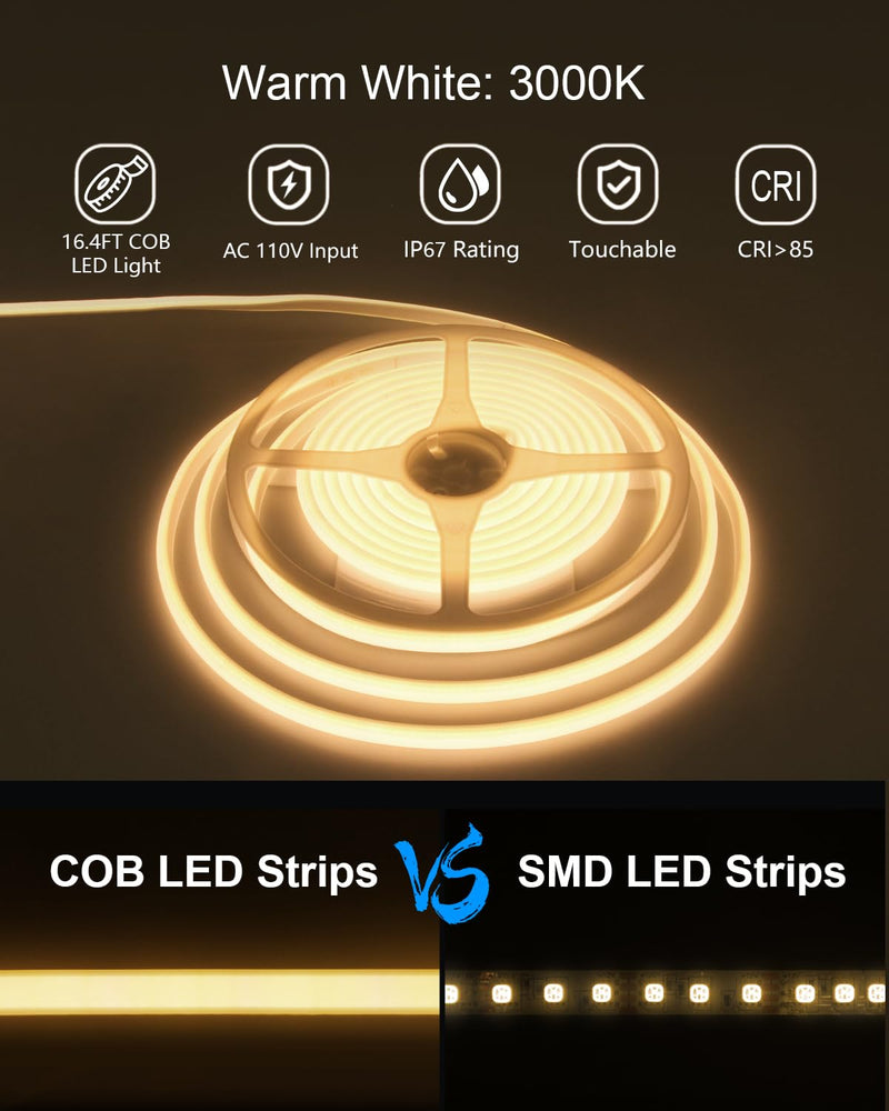 ALITOVE COB LED Strip Light Waterproof IP67 Warm White 3000K 16.4ft AC 110V 120V LED Neon Rope Lights Bright 1440LEDs Flexible LED Strip for Indoor Outdoor Cabinet Shower Bedroom(No Remote Dimmer) 5M (No Remote)