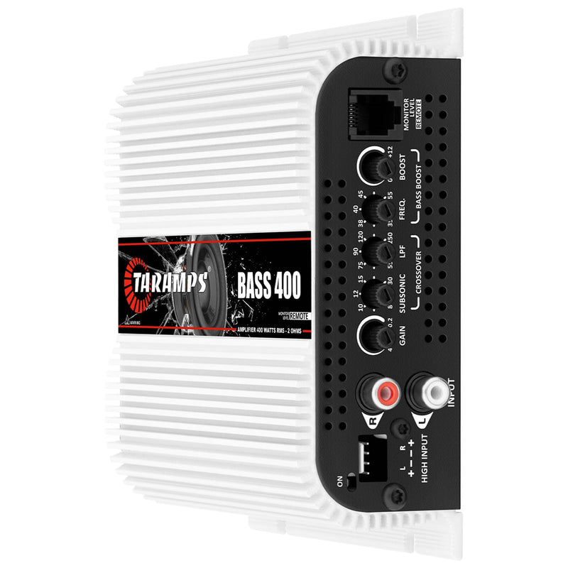 Taramps Bass 400 2 Ohms Monoblock Amplifier 400 Watts Rms 1 Channel 14.4VDC Out Power Full Range, Great for Sub/Bass - Rca/High Level Input, Car Audio