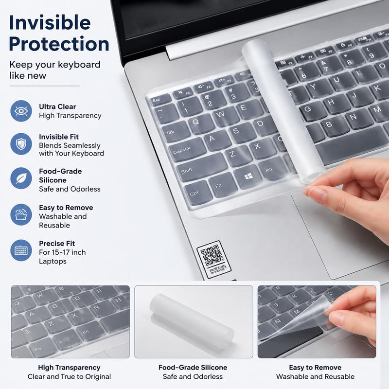 Ultra Thin Universal Silicone Keyboard Cover Protector for 13–17.6 Inch Laptops, Waterproof Dustproof Clear Keyboard Skin for Laptop Notebook Protection (15–17 Inch Compatible)