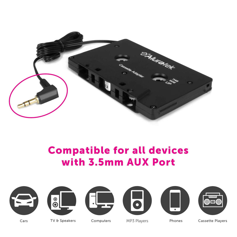 Aluratek Premium Audio Cassette Receiver, Premium Car Audio, Universal 3.5mm Audio Jack or AUX-in Port, Supports Phones/Tablets/Stereo/Headphones/Hi-Fi/Portable Speaker, 3 Foot Cable Length ACTA01F