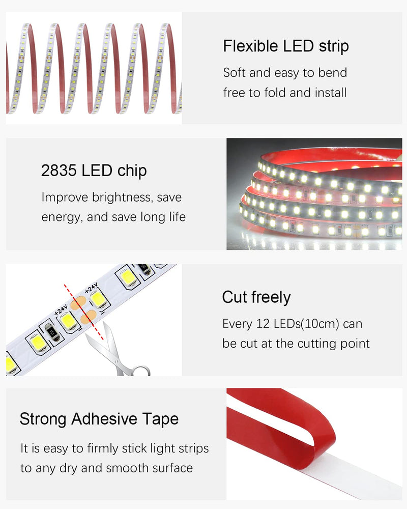 ALITOVE 65.6ft White LED Strip Lights Daylight 6000K 24V Ultra-Bright 120LEDS/M High-Density LED Flexible Light Strip 20M 2400 LEDs 2835 SMD Commercial Grade Rope Lights (No Power Adapter) Daylight White SMD 20M IP20