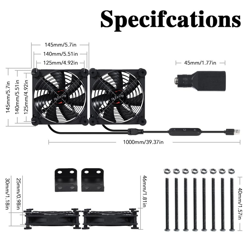 Quiet 140mm Fan - 10 Speed USB 5V/DC 12V IPX5 Waterproof, Portable Cooling for Tablet, TV Receiver, Router, DVR, Greenhouse, Kennel & Computer Cabinet Components