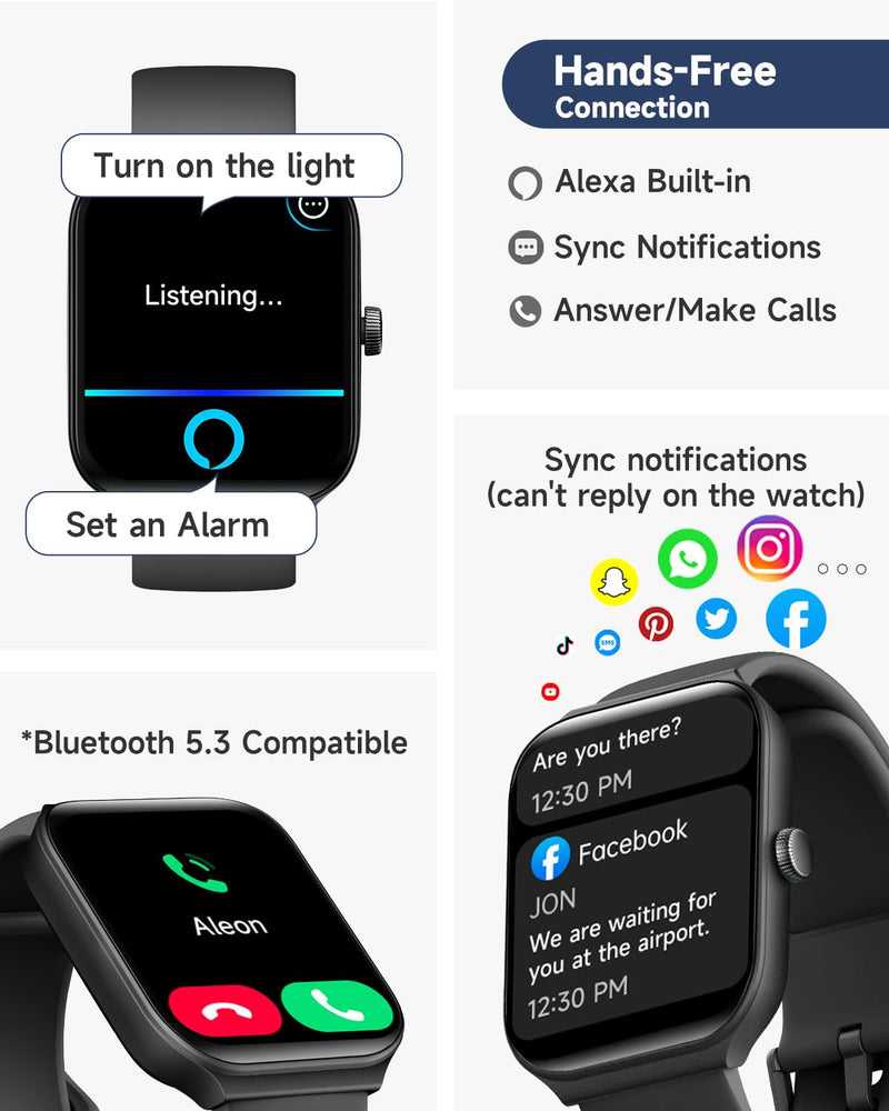 1.95" Smart Watch for Men Women with ALEXA, Fitness Watch for Android iOS | Call Function, Message Notifications, Pedometer, Heart Rate, Sleep Monitor, 100 Sport Modes, IP68 Waterproof, 100 Watch Faces Black