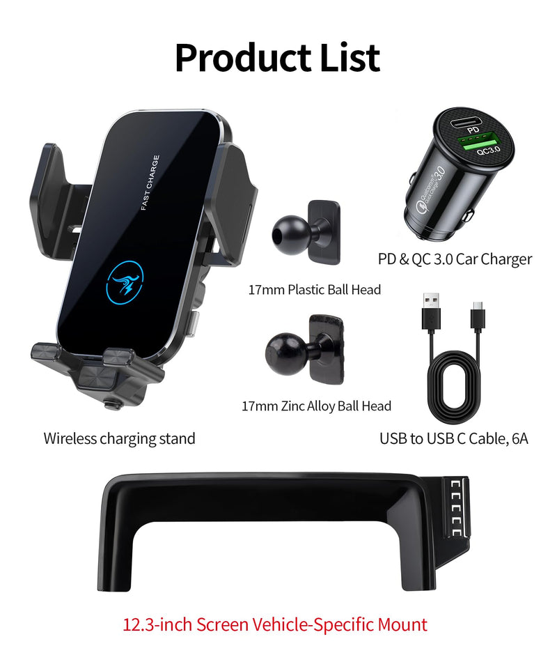 Wireless Charger Car Phone Mount for Mercedes Benz C/GLC/CLE 12.3" Screen | C-Class 2022-2026,GLC-Class 2023-2026,CLE-Class 2024-2026, Auto Clamp Cell Phone Mount Accessories 15W Qi Fast Charging Stand 12.3-inch for 23-26 GLC-Class / 22-26 C-Class