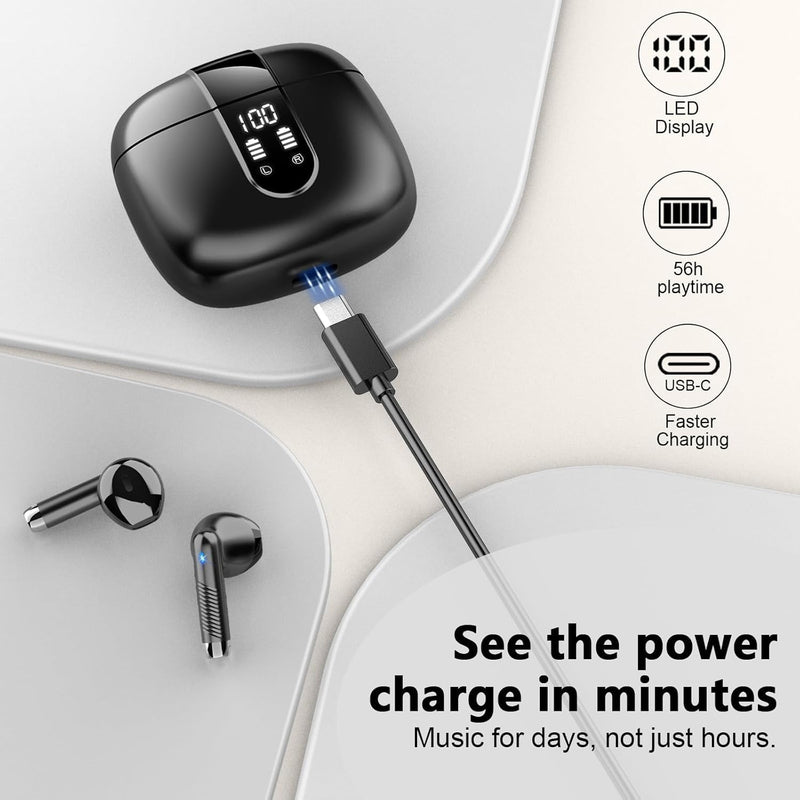 Wireless Earbuds, Bluetooth Headphones V5.4 Stereo Bass Ear Buds with ENC Noise Cancelling Mics,56H Bluetooth Earbuds with LED Display Charging Case, IP7 Waterproof Earphones for Android iOS【Mini】 A-Black