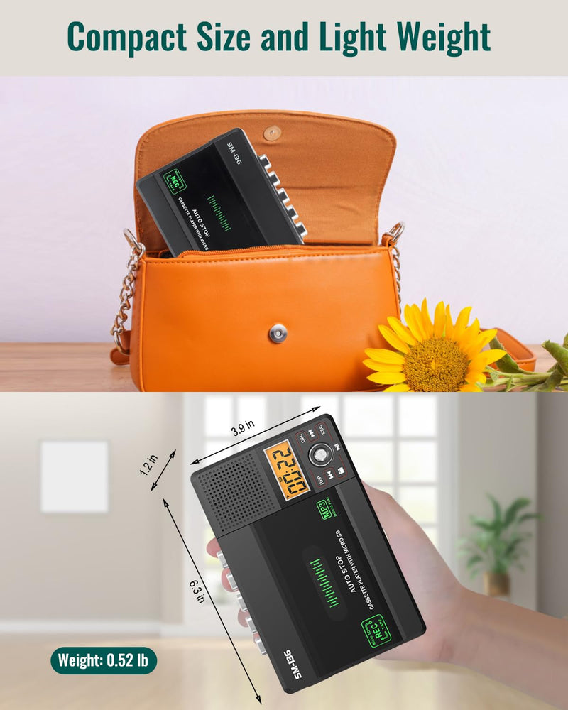 Portable Cassette Tape Player Recorder, Walkman Audio Cassette to Digital Converter via USB C or SD Card, LCD Dispaly, Build-in Microphone, Headphone Jack, Speaker, 16GB SD Card