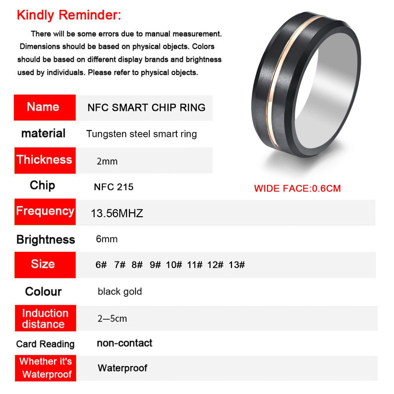 Waterproof Tungsten Steel NFC Forum Type 2 215 496 Bytes Chip Universal for Mobile Phone All-Round Sensing Technology Wearable Smart Ring（Black Gold Tungsten NFC ring-22mm） black gold-22mm