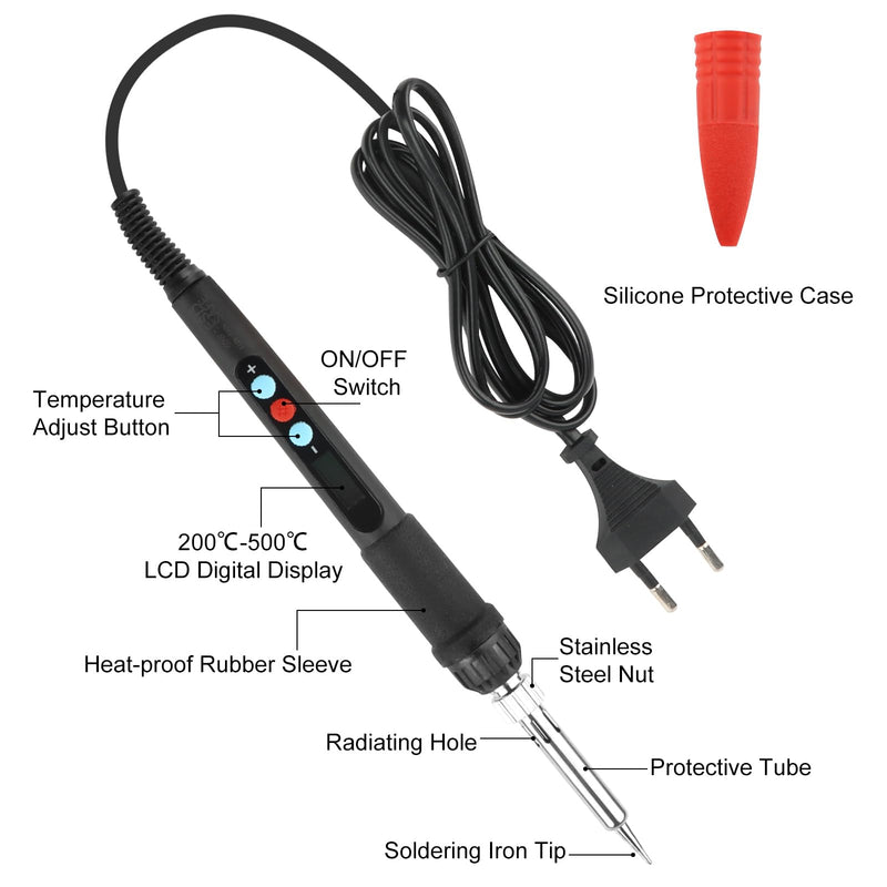 VFANDV Soldering Iron Set, 60 W Soldering Set with Adjustable Temperature Switch 200 °C - 500 °C with On/Off and 10 g Soldering Wire, 5 Soldering Tips, Soldering Iron Stand, Wired Soldering Iron for