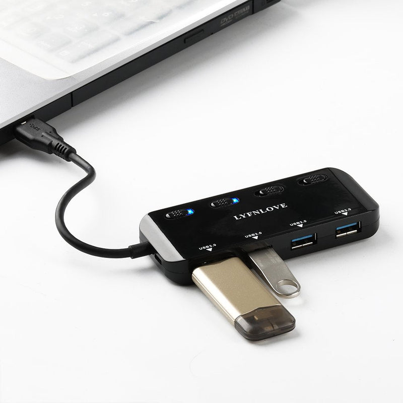 Multi USB Port Expander, LYFNLOVE Ultra Slim USB Hub 3.0, 4-Ports USB Splitter High-Speed USB Data Hub with Individual On/Off Power Switches for Laptop, Computer, PC, Thumb Driver and More 4 port USB Hub