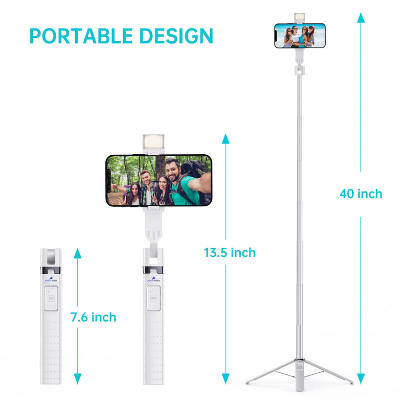 Ambertronix 40” Selfie Stick Tripod Quadrapod, Onboard Light, Wireless Bluetooth Remote, Extendable, Stainless Steel, 3 Light Modes, 9 Brightness Levels, Compatible with All iPhone & Android Devices Chrome