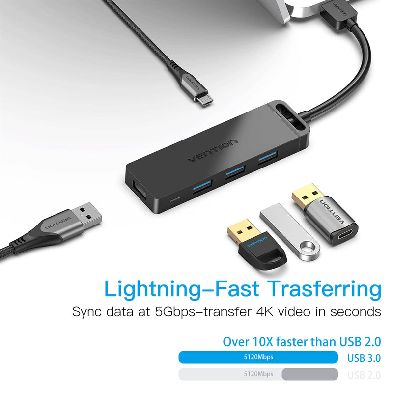 VENTION USB 3.0 Hub, 4 Ports USB Hub Ultra-Slim Data USB Hub 1.6FT Extended Cable [Charging Supported], Compatible with MacBook, Laptop, Surface Pro, PS4, PC, Flash Drive, Mobile HDD (0.5m/1.6ft) 0.5m/1.6ft