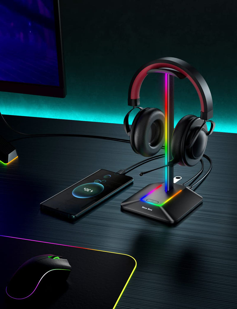 New bee RGB Headphone Stand with 1 USB-C Charging Port and 1 USB Charging Port, Desk Gaming Headset Holder with 7 Light Modes and Non-Slip Rubber Base Suitable for All Earphone Accessories (Black) Black