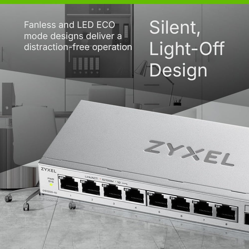Zyxel 8 Port Network Ethernet Switch | Web-Managed | GS1200-10V3 | 8x GbE + 2x SFP Ports, Fanless, Web-based Management, VLAN, QOS, IGM Snooping, Energy Efficient, TAA Compliant 10-Port | 2x SFP