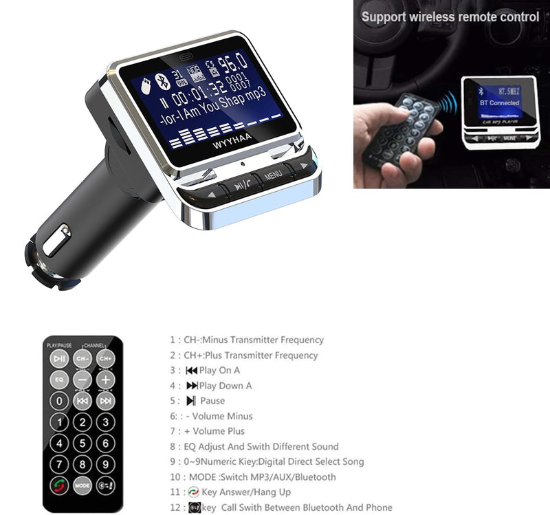 Bluetooth FM Transmitter for Car, Wireless Car Radio Adapter, Handsfree Auto Kit with Remote Control, MP3 Music Player Support USB Charger Siri Google Assistant U Disk/TF Card/Aux