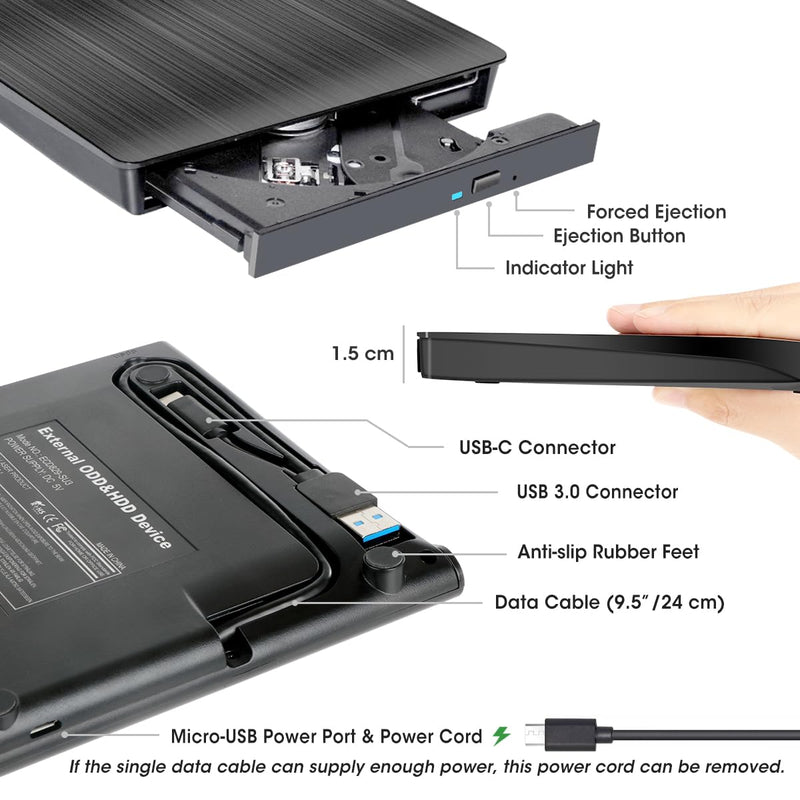ROOFULL External CD DVD Drive for Windows 11/10/7 Laptop PC, USB 3.0 & USB-C CD DVD ROM Reader Writer +/-RW Disc Drive Burner Player Compatible for Windows OS Laptop Desktop Computer