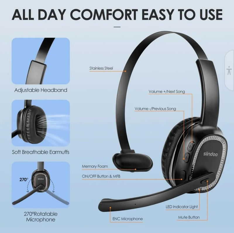 Sindoo,Trucker Wireless Bluetooth Headset, On-Ear, Noise-Cancelling Headphones, Lightweight, Single Earpiece,35+HRS Talk Time, 33FT Range, For Trucker, Office Work, PC,Phones, Dual Device Connectivity