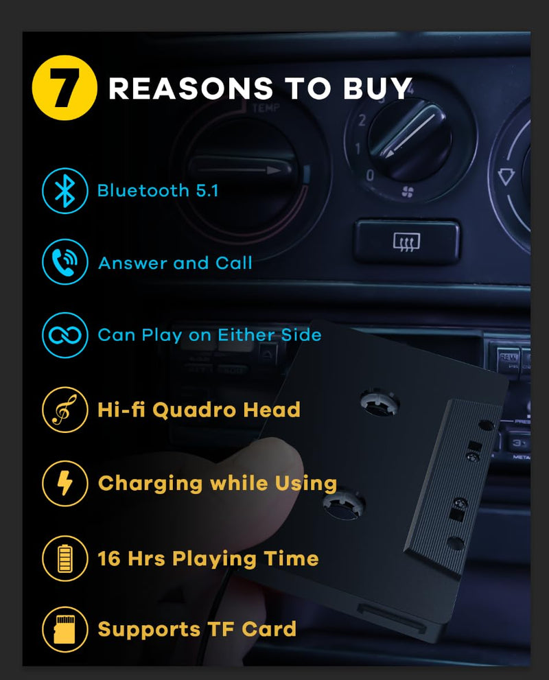 [AUSTRALIA] - Car Bluetooth 5.1 Cassette Adapter Support TF Card, Wireless Cassette Aux Adapter, Car Audio Bluetooth Receiver, Tape Player Adapter for Vehicle 