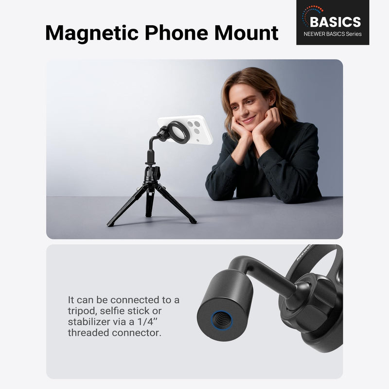 NEEWER Basics Magnetic Phone Tripod Mount Adapter, 360° Ball Head Aluminum Compact Lightweight Portable Phone Holder Attachment Compatible with MagSafe iPhone Samsung Android Video Recording, PA149