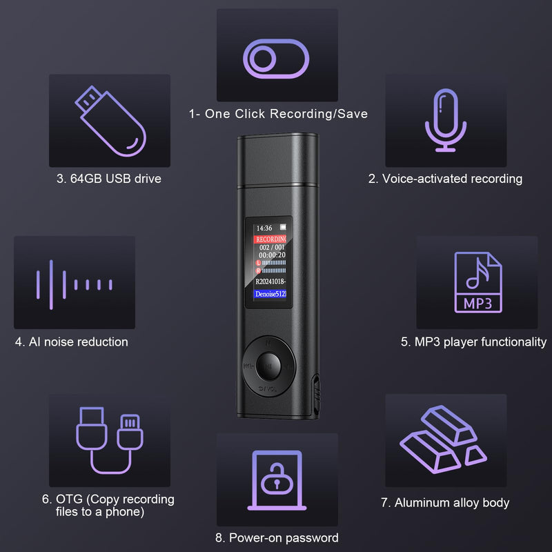 [AUSTRALIA] - Digital Voice Recorder with 64GB Storage, Voice Activated Recording, USB Connectivity, Playback Function for Meetings, Interviews, Classroom Style 1 